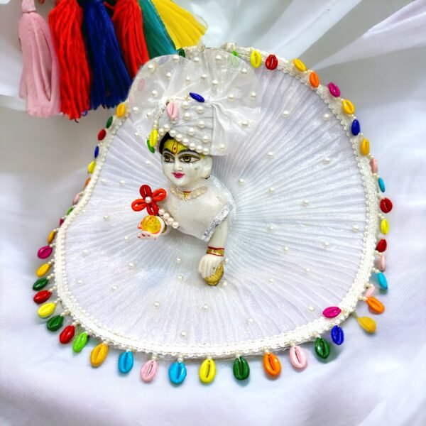 White Designer Dress For Laddu Gopal Ji With Pagdi and Bansuri - Image 2