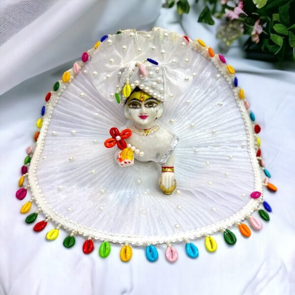 White Designer Dress For Laddu Gopal Ji With Pagdi and Bansuri