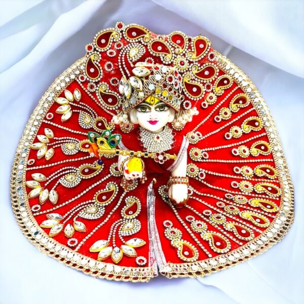 Red Zari Designer Dress For Laddu Gopal Ji With Pagdi