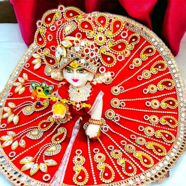 Red Zari Designer Dress For Laddu Gopal Ji With Pagdi - Image 3