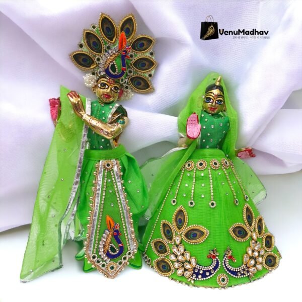 Parrot Green Heavy Designer Peacock Themed Dress for Radha Krishna