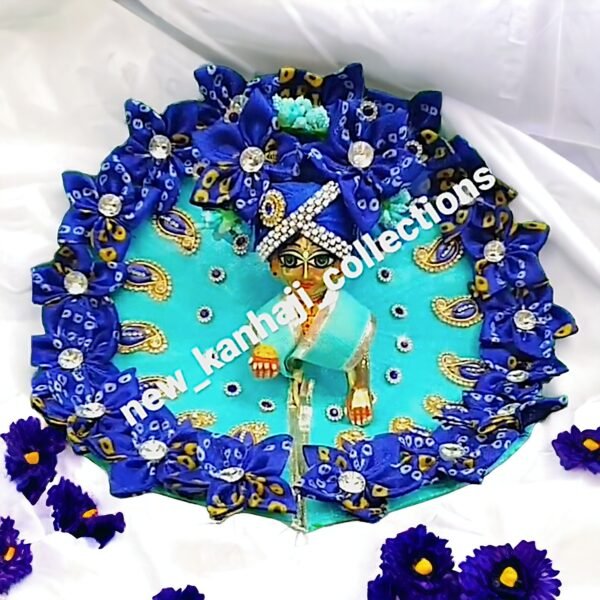 Sky Blue with blue Floral Heavy Designer Dress For Laddu Gopal Ji With Pagdi