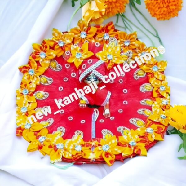 Red with yellow Floral Heavy Designer Dress For Laddu Gopal Ji With Pagdi