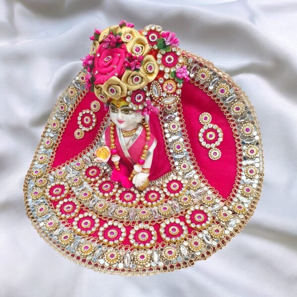 Rani Pink Heavy Designer Dress For Laddu Gopal Ji With Pagdi Patka Choli - Image 3