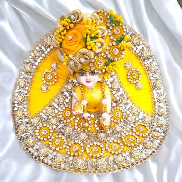 Yellow Heavy Lace Designer Dress For Laddu Gopal Ji With Pagdi Patka Choli