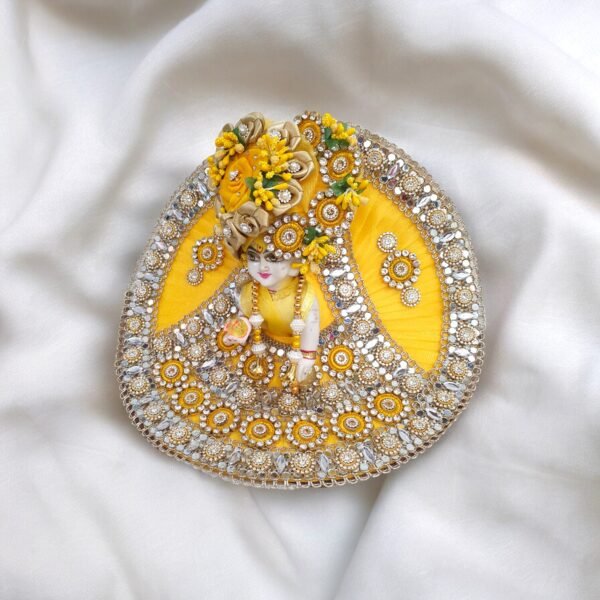 Yellow Heavy Lace Designer Dress For Laddu Gopal Ji With Pagdi Patka Choli - Image 2