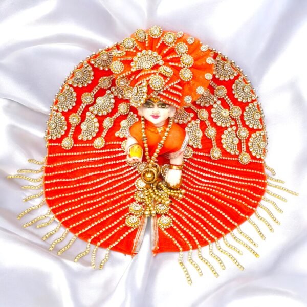 Orange Heavy Zarkan Designer Dress For Laddu Gopal Ji With Pagdi Patka Choli