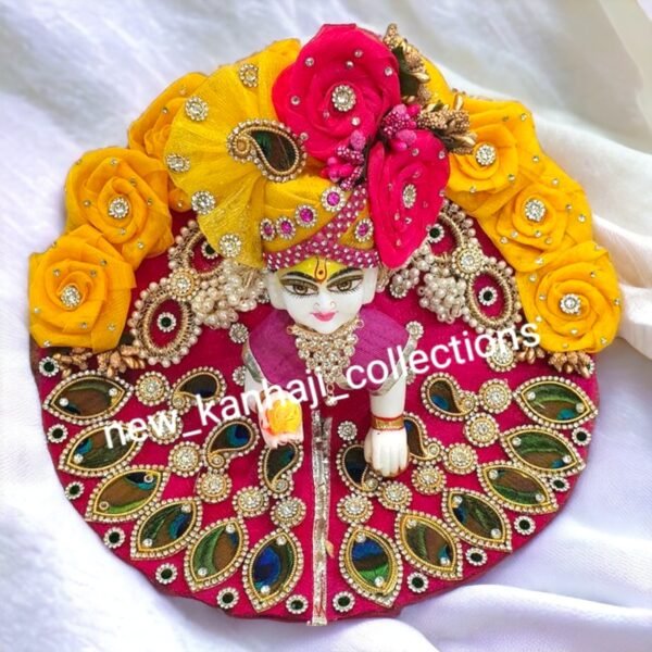 Rani Pink and Yellow Floral Designer Dress For Laddu Gopal Ji With Pagdi
