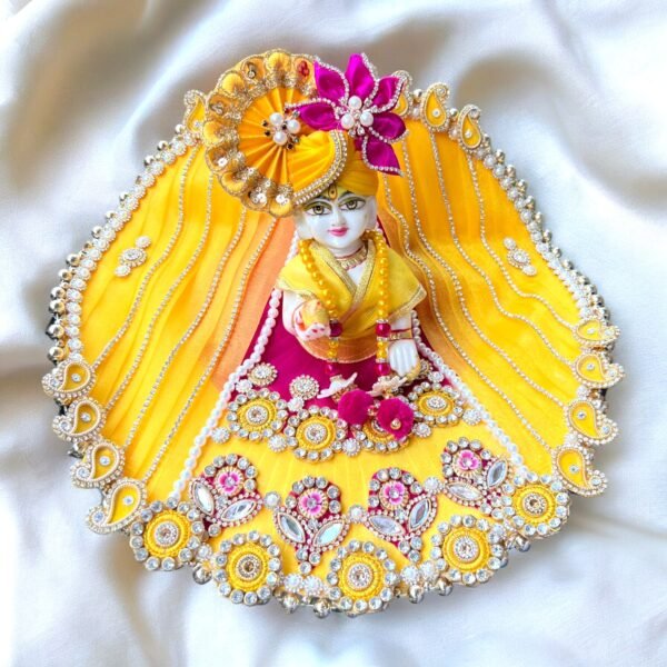 Yellow & Pink Heavy Designer Dress For Laddu Gopal Ji With Pagdi Patka Choli