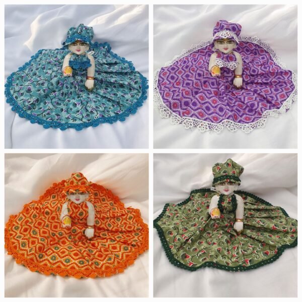 Combo of Laddu Gopal Cotton Lace dress without bukram with cap (Set of 4 Poshaks)
