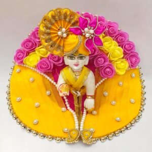 Yellow & Pink Floral Designer Dress For Laddu Gopal Ji With Pagdi Choli