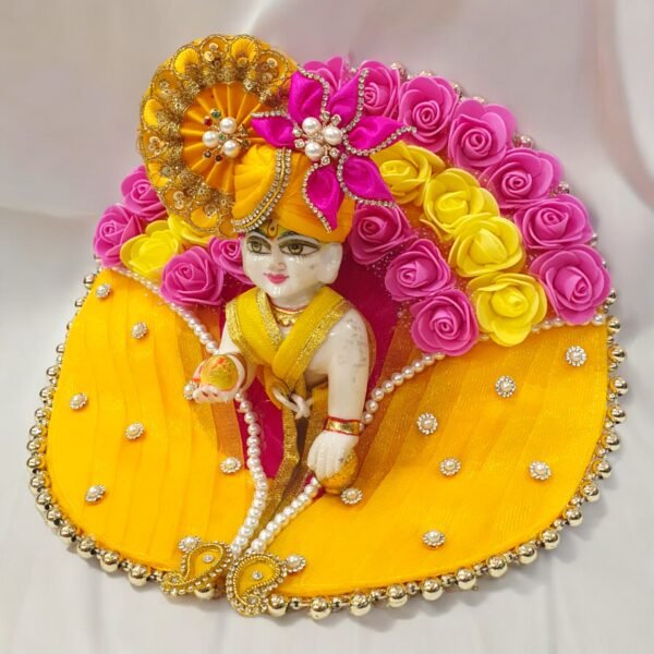 Yellow & Pink Floral Designer Dress For Laddu Gopal Ji With Pagdi Choli - Image 2