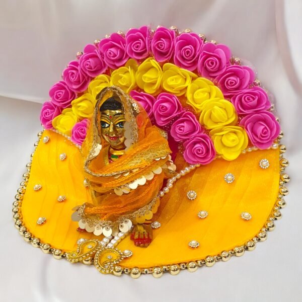 Yellow & Pink Floral Designer Dress For Bal Radha Rani With Chunri Choli - Image 2