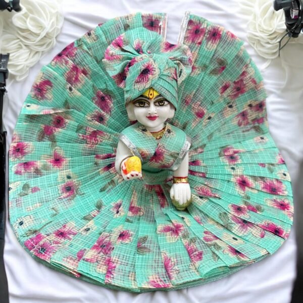 Green-Cyan Floral designer dress with Pagdi in 7 & 8 Size