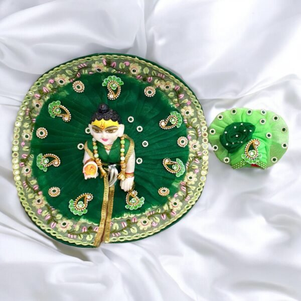 Dark Green Heavy Lace Designer Dress For Laddu Gopal Ji With Pagdi Patka Choli - Image 2