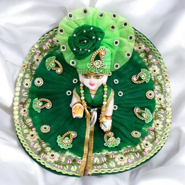Dark Green Heavy Lace Designer Dress For Laddu Gopal Ji With Pagdi Patka Choli