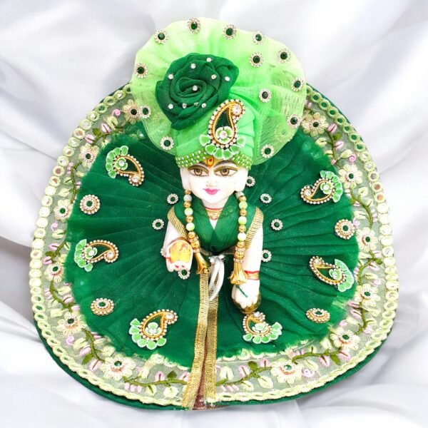 Dark Green Heavy Lace Designer Dress For Laddu Gopal Ji With Pagdi Patka Choli - Image 4