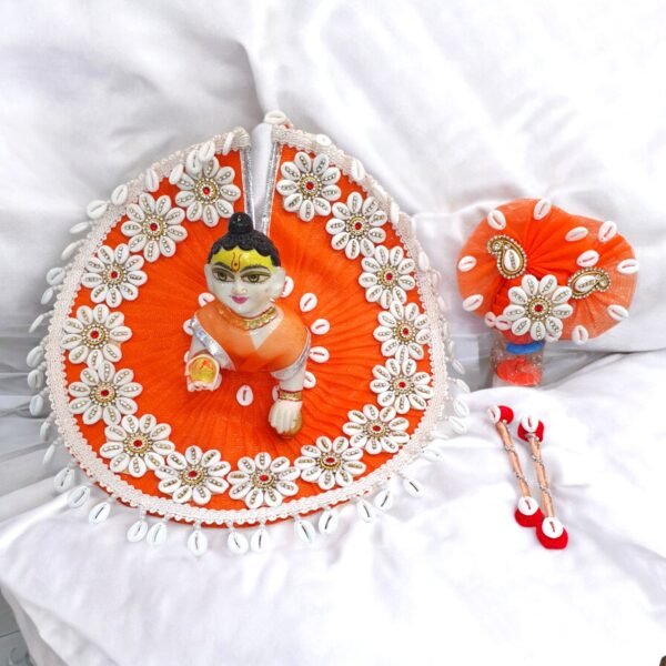 Orange Navratri Heavy Lace Designer Dress with Pagdi For Laddu Gopal Ji - Image 3