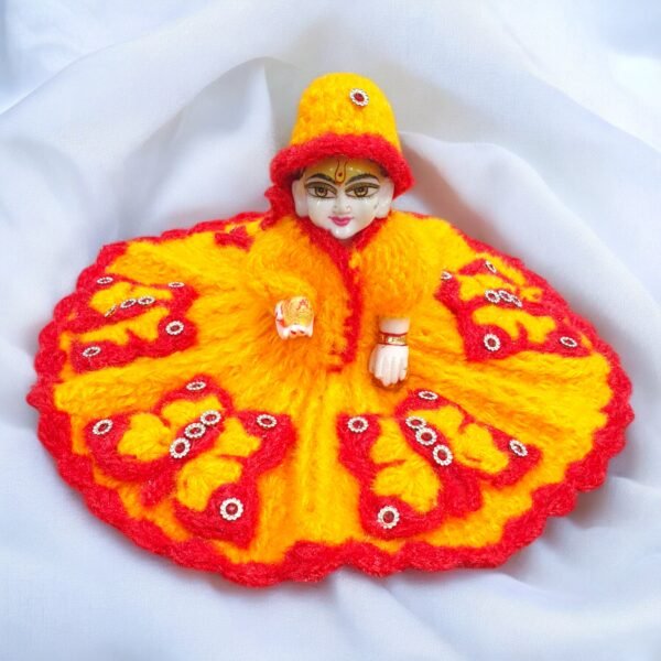 Yellow with Red Butterfly design Woolen poshak with cap for God idols