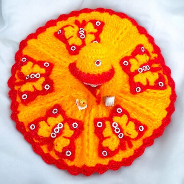 Yellow with Red Butterfly design Woolen poshak with cap for God idols - Image 2