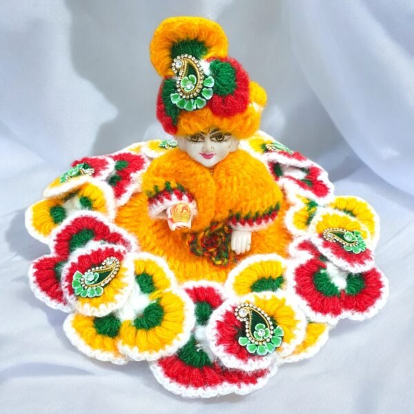 Yellow with multi flower border design Woolen poshak with pagdi style cap for God idols