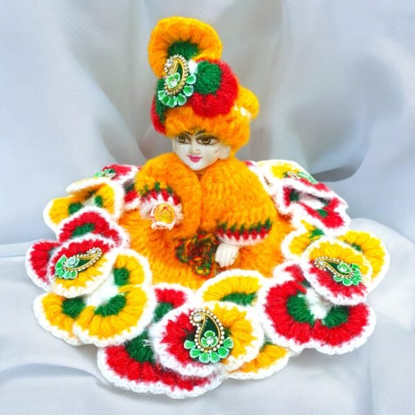 Yellow with multi flower border design Woolen poshak with pagdi style cap for God idols - Image 2