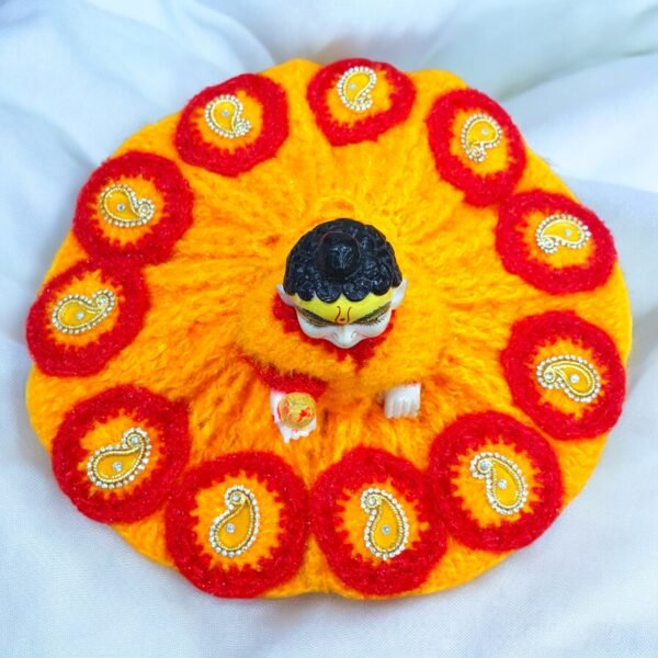 Yellow with circle design border Woolen poshak with cap for God idols - Image 3
