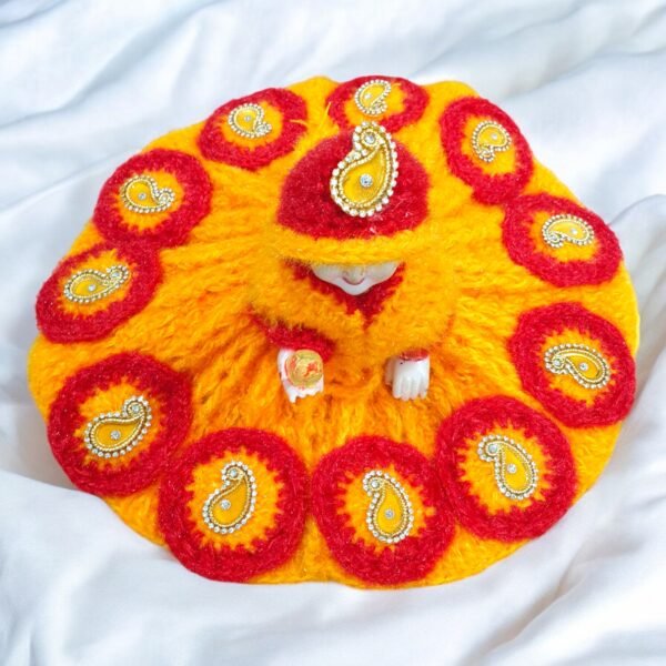 Yellow with circle design border Woolen poshak with cap for God idols - Image 4
