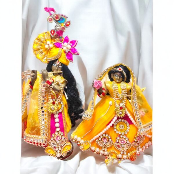 Yellow-Pink Heavy Designer Peacock Themed Dress for Radha Krishna