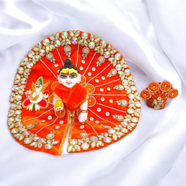 Orange Heavy Velvet Designer Dress For Laddu Gopal Ji With Pagdi - Image 2