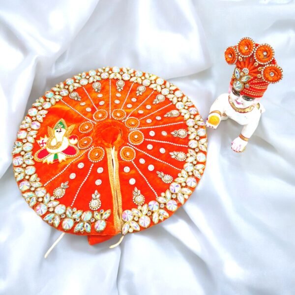 Orange Heavy Velvet Designer Dress For Laddu Gopal Ji With Pagdi - Image 3