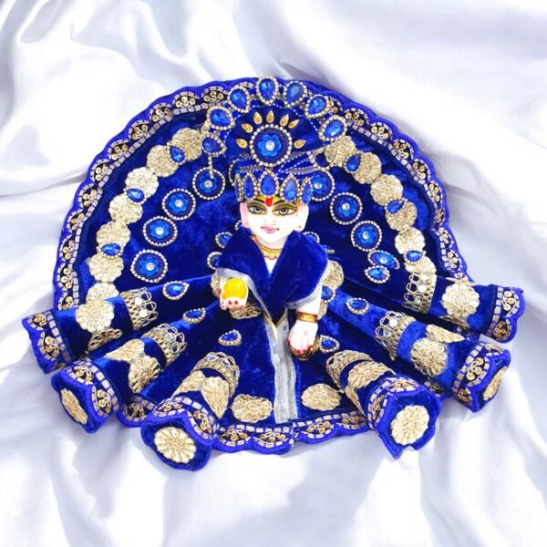 Blue Heavy Velvet Designer Dress For Laddu Gopal Ji With Pagdi - Image 2