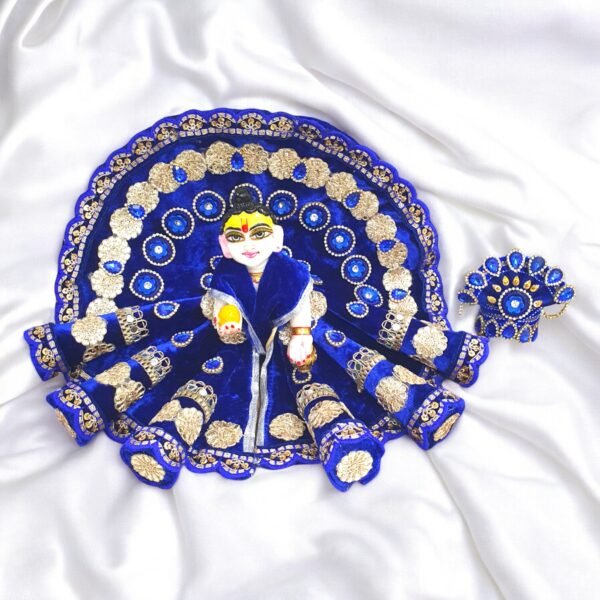 Blue Heavy Velvet Designer Dress For Laddu Gopal Ji With Pagdi - Image 3