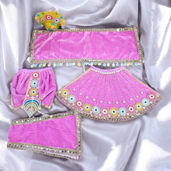 Pink Velvet Heavy Designer Evil Eye Themed Dress for Radha Krishna - Image 2