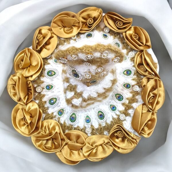 White golden woolen designer poshak with ponchu and woolen pagdi for God idols - Image 3