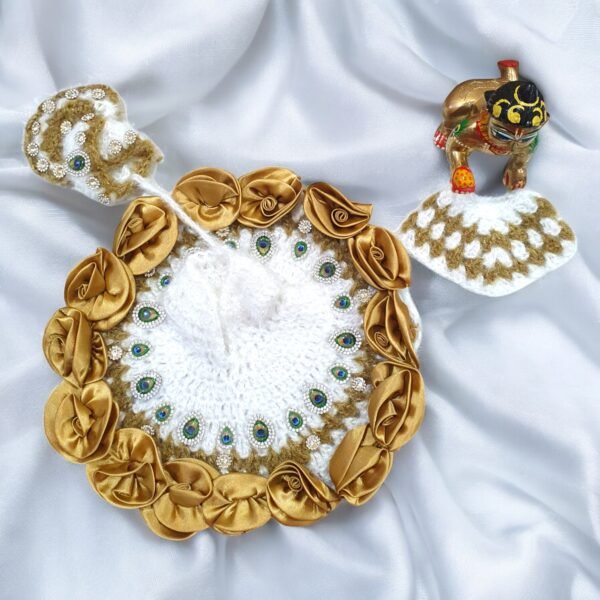 White golden woolen designer poshak with ponchu and woolen pagdi for God idols - Image 4