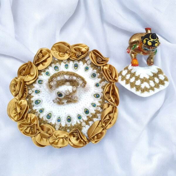 White golden woolen designer poshak with ponchu and woolen pagdi for God idols - Image 5