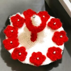 White base with Red flower design border Woolen poshak with Cap for God idols