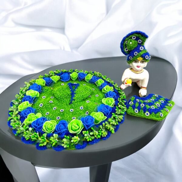 Green Blue woolen designer poshak with ponchu and woolen pagdi for God idols - Image 2
