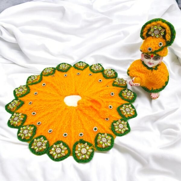 Yellow Designer Woolen poshak with cap for God idols - Image 3