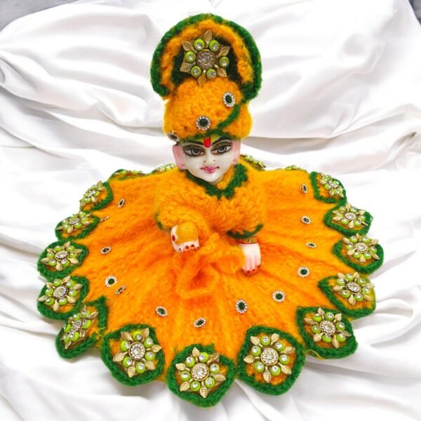 Yellow Designer Woolen poshak with cap for God idols
