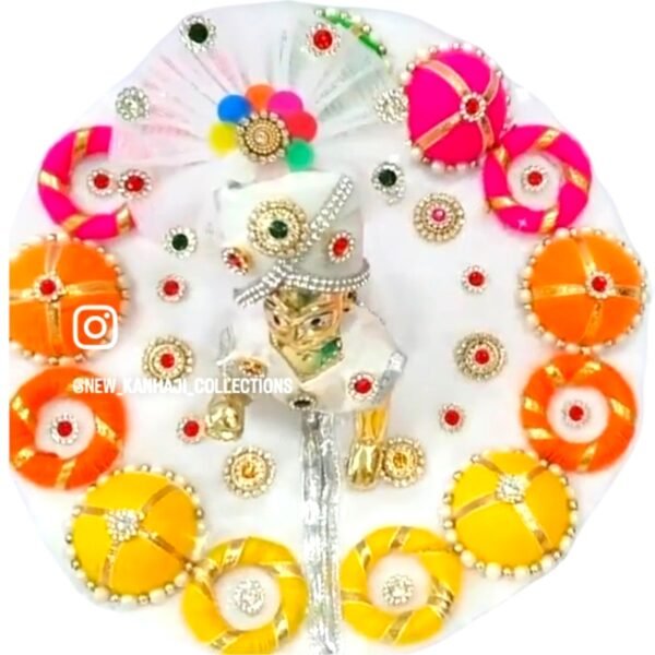 White with multi Color Heavy Designer Dress For Laddu Gopal Ji With Pagdi