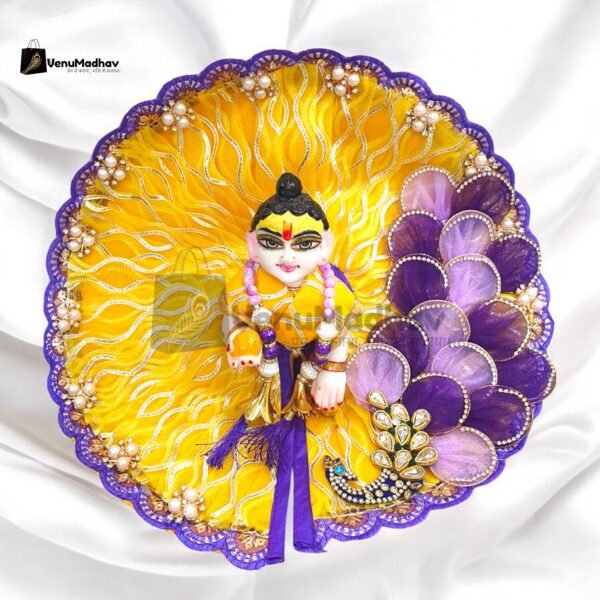 Yellow Purple Peacock Theme Designer Poshak with Dupatta for God Idols - Image 2
