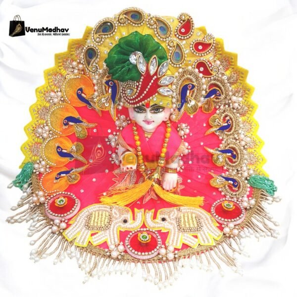 Elephant Theme Coral Red Premium Peacock Designer Poshak with Pagdi for God Idols