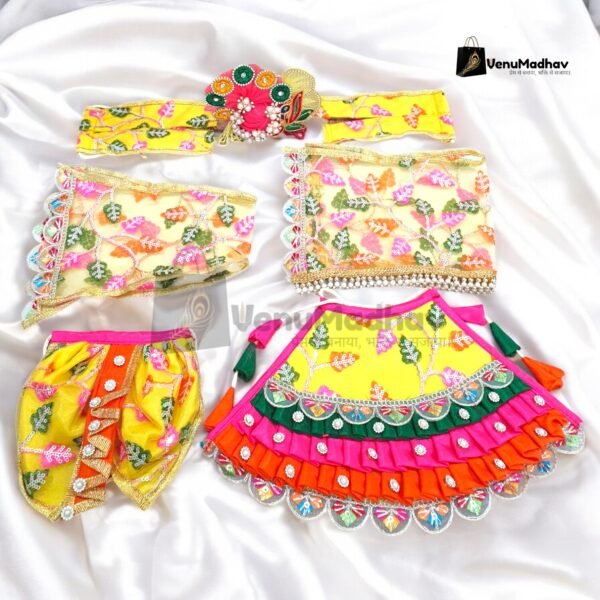 Yellow Thread Work two sided Frill Designer Poshak with Pagdi & Dupatta for RK - Image 2