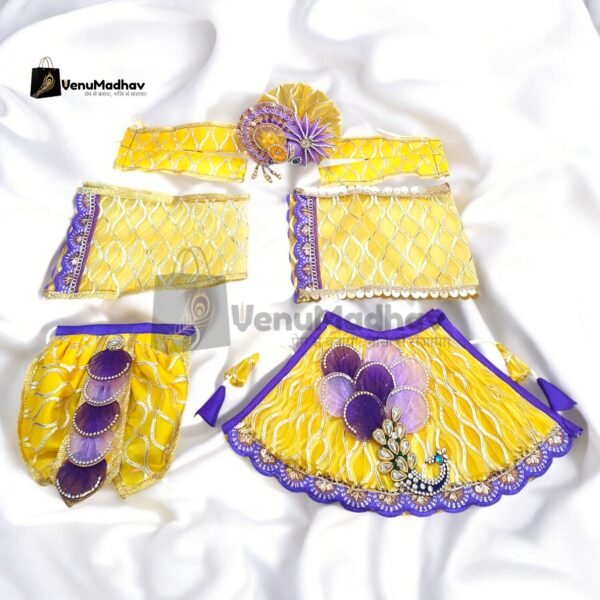 Yellow Purple Peacock Theme Designer Poshak with Pagdi & Dupatta for RK - Image 2