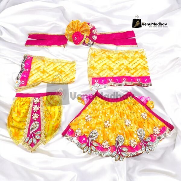 Premium Fabric Yellow-Rani Pink Theme Poshak with Pagdi & Dupatta for RK - Image 2