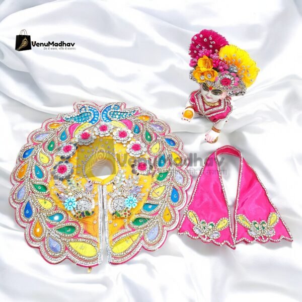 Handwork design - Yellow with rani pink peacock Premium Poshak for God Idols - Image 3