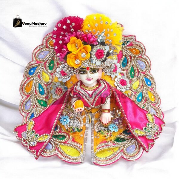 Handwork design - Yellow with rani pink peacock Premium Poshak for God Idols