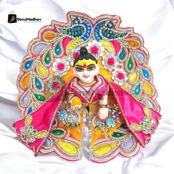 Handwork design - Yellow with rani pink peacock Premium Poshak for God Idols - Image 2